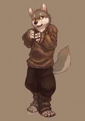 4_toes 5_fingers anthro barefoot biped bottomwear brown_background brown_body brown_eyes brown_fur brown_theme canid canine canis claws clothed clothing feet fingers front_view full-length_portrait fully_clothed fur grey_body grey_fur jeremy_(sefeiren) kogawa_kenji looking_at_viewer male mammal open_mouth oversized_clothing pants portrait red_wolf restricted_palette simple_background solo standing sweater toes topwear wolf