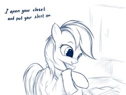 2013 4:3 blue_and_white clothing english_text equid equine female feral friendship_is_magic hair hasbro horse long_hair mammal monochrome my_little_pony pony rainbow_(artist) rainbow_dash_(mlp) shirt simple_background smile solo text topwear white_background