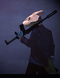 2013 ambiguous_gender amit anthro blue_background bone clothed clothing fully_clothed gloves gun handwear holding_gun holding_object holding_ranged_weapon holding_weapon horn lizard mask payday_(series) ranged_weapon reptile scalie shaded shotgun signature silencer simple_background skull skull_mask solo suit weapon weapon_on_shoulder