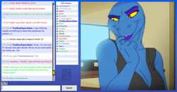 anthro big_breasts blue_body blue_skin breasts cam_show chat_box clothing computer deinonychus devona_rhea dinosaur dromaeosaurid electronics english_text extinct female grainy janner3d livestream monitor non-mammal_breasts prehistoric_species reptile scalie shirt solo tank_top text theropod topwear velociraptor