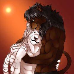 abs anthro athletic autumus azelyn biceps big_muscles black_hair black_nose bottomwear brown_body brown_fur closed_eyes clothed clothing duo fangs felid fur green_eyes grey_body grey_fur grey_hair grin hair hug leucistic lion love male male/male mammal markings muscular muscular_male nipples pantherine pants pecs pose romantic romantic_couple sakuri_rainne smile stripes teeth topless whiskers white_body white_fur white_hair