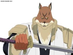 2013 4:3 alpha_channel anthro asian_clothing bleach_(series) brown_body brown_fur canid canine canis clothing east_asian_clothing fur hi_res japanese_clothing katana looking_at_viewer male mammal maxime-jeanne melee_weapon pose sajin_komamura shinigami_uniform simple_background solo sword transparent_background weapon wolf yellow_eyes zanpakuto