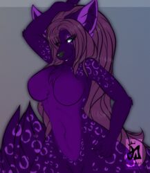 anthro big_breasts blue_eyes breasts cuteancuddly felid female fur hair hi_res leopard long_hair looking_at_viewer mammal markings marushi pantherine purple_body purple_fur purple_hair purple_markings solo wide_hips