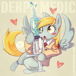 1:1 amber_eyes blonde_hair clothing coat derpy_hooves english_text equid equine feathered_wings feathers female feral friendship_is_magic fur grey_body grey_feathers grey_fur hair hasbro heart_symbol long_hair mammal medic_(team_fortress_2) my_little_pony mythological_creature mythological_equine mythology necktie open_mouth pegasus shirt smile solo space-kid syringe team_fortress_2 text tongue topwear valve wings yellow_eyes