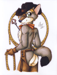 2005 absurd_res anthro ass bandana biped black_body black_ears black_fur black_tail blue_nose bottomwear brand branding branding_iron brown_bottomwear brown_chaps brown_clothing brown_cowboy_hat brown_hat brown_headwear canid canine canis chaps chest_tuft clothed clothing cowboy cowboy_hat coyote dipstick_ears dipstick_tail ear_markings fur gloves green_eyes grey_body grey_ears grey_fur grey_tail half-length_portrait handwear hat headgear headwear heart_symbol hi_res holding_object holding_rope kerchief lasso looking_at_viewer looking_back male mammal markings michele_light multicolored_body multicolored_ears multicolored_fur multicolored_tail neckerchief orange_bandanna orange_clothing orange_kerchief orange_neckerchief portrait pose rear_view rope signature simple_background smile snout solo standing tail tail_markings topless tuft two_tone_ears two_tone_tail western white_background white_body white_fur year