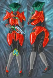 alien armor ass bioware dakimakura dakimakura_design electronic_arts female green_body green_skin grriva gun hi_res lips mass_effect multi_eye multiple_poses pose prothean ranged_weapon solo weapon yellow_eyes