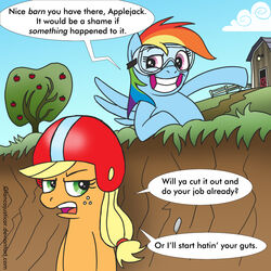 1:1 2011 apple applejack_(mlp) armor bad_joke barn blue_body blue_feathers blue_fur dialogue duo earth_pony english_text equid equine eyewear feathered_wings feathers female feral food freckles friendship_is_magic fruit fur glancojusticar goggles green_eyes hair hasbro headgear helmet horse humor joke mammal multicolored_hair my_little_pony mythological_creature mythological_equine mythology pegasus plant pony purple_eyes rainbow_dash_(mlp) rainbow_hair smile text tree wings