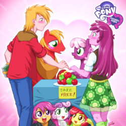 1:1 2013 amber_eyes apple apple_bloom_(eg) big_macintosh_(eg) big_macintosh_(mlp) blonde_hair blush book cheerilee_(eg) cheerilee_(mlp) clothing cutie_mark_crusaders_(eg) earth_pony equestria_girls equid equine female food freckles friendship_is_magic fruit furniture green_eyes group hair hasbro heart_symbol horse human male mammal my_little_pony plant plate pony purple_eyes purple_hair romantic romantic_ambiance romantic_couple scootaloo_(eg) sweetie_belle_(eg) table uotapo