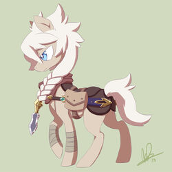 1:1 2013 blue_body blue_eyes blue_fur braided_hair equid equine feral fur hair hasbro horse lanmana long_hair male mammal melee_weapon my_little_pony pony saddle_bag scarf simple_background solo sword tan_body tan_fur weapon white_hair