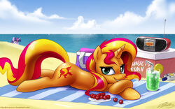 2013 bag beach beverage blonde_hair blue_eyes cherry cloud cooler cutie_mark detailed_background duo electronics equestria_girls equid equine female feral food friendship_is_magic fruit fur glass hair hasbro horn ice john_joseco lemon looking_at_viewer lying mammal multicolored_hair my_little_pony mythological_creature mythological_equine mythology on_towel outside plant pose purple_body purple_fur purple_hair radio red_hair sand sea seaside sky smile sterio sunscreen sunset_shimmer_(eg) towel twilight_sparkle_(mlp) two_tone_hair unicorn water