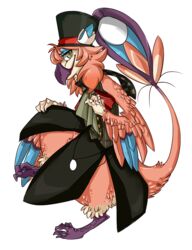 alpha_channel ambiguous_gender anthro avian beak big_tail booou clothing digitigrade feathers hat headgear headwear jagged_mouth looking_at_viewer nevrean priley smile solo tail teeth toothed_beak top_hat