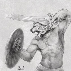 1:1 anthro armpit_hair body_hair clothed clothing felid fighting_pose gladiator hi_res holding_melee_weapon holding_object holding_sword holding_weapon left-handed lion lion21 male mammal melee_weapon monochrome muscular muscular_anthro muscular_male pantherine pose shield solo sword topless warrior weapon