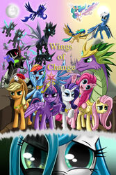 2013 2:3 absurd_res alicorn applejack_(mlp) arthropod blonde_hair blue_body blue_eyes blue_eyeshadow blue_feathers blue_fur canterlot cape castle changeling clothing cowboy_hat crown cutie_mark day dragon drone_(mlp) earth_pony elements_of_harmony equid equine eye_mist eyeshadow fangs feathered_wings feathers female feral fluttershy_(mlp) flying freckles friendship_is_magic fur gold_(metal) green_eyes green_hair group hair hasbro hat headgear headwear hi_res hole_(anatomy) horn horse jewelry king_sombra_(mlp) makeup male mammal moon multicolored_hair my_little_pony mythological_creature mythological_equine mythological_scalie mythology necklace night outside pegasus pink_hair pinkie_pie_(mlp) pony poster poster_template princess_celestia_(mlp) princess_luna_(mlp) purple_body purple_eyes purple_fur purple_hair queen_chrysalis_(mlp) rainbow_dash_(mlp) rainbow_hair rarity_(mlp) scalie spike_(mlp) star starbat teeth twilight_sparkle_(mlp) two_tone_hair white_hair wings yellow_body yellow_feathers