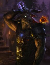 2013 angry anthro armor athletic biceps big_muscles biped bovid bovine brown_body brown_fur detailed detailed_background empty_eyes european_mythology fire flexing fur glowing glowing_eyes greek_mythology hair half-length_portrait hand_behind_head hi_res horn jewelry loculi magic male mammal minotaur muscular muscular_anthro muscular_male mythology necklace night outside pendant portrait pose sky solo stairs standing tattoo vein warrior weapon white_eyes