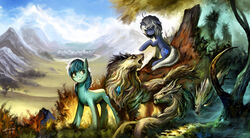 2013 ambiguous_gender blue_body blue_fur cloud cutie_mark detailed_background equid equine fan_character fangs female feral forest friendship_is_magic fur gem glowing glowing_eyes grass green_body green_eyes green_fur green_hair group hair hair_over_eyes hasbro horn landscape long_hair looking_back mammal mountain my_little_pony mythological_creature mythological_equine mythology open_mouth outside plant sky smile teeth timberwolf_(mlp) town tree unicorn white_hair wood ziom05