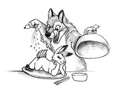 ambiguous_gender annoyed anthro black_and_white canid canine character_on_plate cooking_with_furs duo feral food_dressed imminent_vore lagomorph leporid licking licking_lips low_res lying mammal monochrome nude on_front rabbit salt self_lick ted_vollmer tongue tongue_out traditional_media_(artwork)