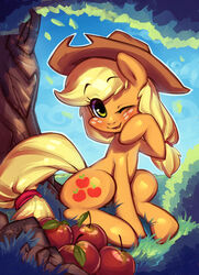 2013 apple applejack_(mlp) blonde_hair blush clothing cowboy_hat cutie_mark earth_pony equid equine female feral food freckles friendship_is_magic fruit fur grass green_eyes hair hallogreen hasbro hat headgear headwear horse leaf mammal my_little_pony one_eye_closed orange_body orange_fur outside plant pony quadruped sitting solo tree wink