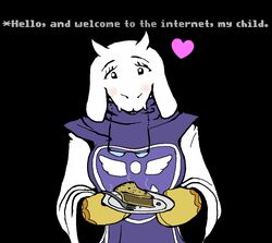 anthro bleuhawke blush boss_monster_(undertale) bovid caprine clothing cutlery dessert digital_media_(artwork) eyewear female food fork fur glasses handwear heart_symbol horn internet kitchen_utensils love mammal oven_mitts pastry pie plate robe solo third-party_edit tools toriel undertale undertale_(series) white_body white_fur