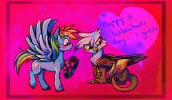 2013 amber_eyes avian beak blue_body blue_feathers blue_fur blush brown_body brown_feathers brown_fur cutie_mark duo english_text equid equine feathered_wings feathers female feral friendship_is_magic fur gift gilda_(mlp) gryphon hair hasbro heart_symbol hi_res hooves mammal multicolored_hair my_little_pony mythological_avian mythological_creature mythological_equine mythology pegasus purple_eyes rainbow_dash_(mlp) rainbow_hair scuter tail text white_body white_feathers wing_boner wings