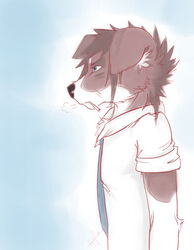 anthro biped blue_eyes breath brown_body brown_fur canid canine canis chest_tuft cigarette clothed clothing digital_media_(artwork) domestic_dog floppy_ears fur half-length_portrait inner_ear_fluff lexii_(artist) male mammal mouth_hold necktie portrait shirt side_view smoking solo standing student topwear tuft white_clothing white_topwear