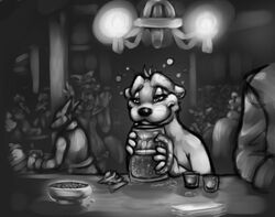 alcohol anthro bar beer beverage container cup drinking_glass drunk eyewear food fruit fur glass glass_container glass_cup glasses male mammal monochrome mustelid nut_(fruit) otter plant shanegdraco shot_glass smile solo substance_intoxication tankard wes_(character) whiskers