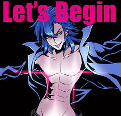  1boy abs blue_eyes blue_hair commentary_request fabulous glowing glowing_nipples katouken_(ktn-works) kill_la_kill male_focus mikisugi_aikurou open_clothes open_shirt pectorals photoshop_(medium) shirt short_hair 