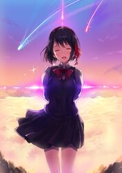  black_hair closed_eyes cloud commentary_request crying female hair_ribbon highres kimi_no_na_wa. miyamizu_mitsuha ribbon school_uniform short_hair skirt sky smile solo sora-bozu spoilers tears 