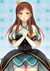  bad_id bad_pixiv_id breasts brown_eyes brown_hair crown dress elbow_gloves female gloves idolmaster idolmaster_cinderella_girls long_hair looking_at_viewer medium_breasts mizuki_hau nitta_minami smile solo star!!_(idolmaster) thighhighs zettai_ryouiki 