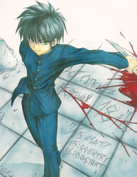  1boy black_hair blood clr commentary_request knife male_focus melty_blood nanaya_shiki photoshop_(medium) reverse_grip solo tsukihime 