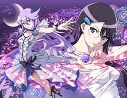  black_choker blue_eyes blue_flower blue_rose boots bow breasts brooch choker commentary_request cure_moonlight cure_moonlight_pose dress dual_persona elbow_gloves female flower glasses gloves gradient_hair hair_flower hair_ornament hairclip heart heart_brooch heartcatch_precure! henshin jewelry knee_boots long_hair magical_girl medium_breasts moon multicolored_hair petals precure purple_hair rose seven_(11) single_elbow_glove single_glove sparkle tsukikage_yuri waist_bow wrist_cuffs 