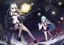  2girls absurdly_long_hair absurdres allenes bare_shoulders blue_eyes blue_hair clenched_teeth commentary_request detached_sleeves firing fubuki_(mod)_(warship_girls_r) fubuki_(warship_girls_r) gun headgear highres holding holding_gun holding_weapon long_hair low-tied_long_hair miniskirt multiple_girls night pleated_skirt red_eyes sailor_collar school_uniform serafuku shirayuki_(mod)_(warship_girls_r) shirayuki_(warship_girls_r) skirt teeth thighhighs very_long_hair warship_girls_r water weapon white_legwear wide_sleeves zettai_ryouiki 