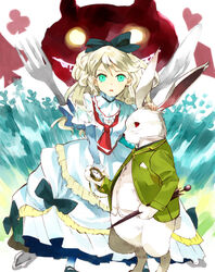  alice_(alice_in_wonderland) alice_in_wonderland blonde_hair bow cheshire_cat_(alice_in_wonderland) club_(shape) commentary_request dress female fork glowing glowing_eyes green_eyes grin hairbow heart knife long_hair long_sleeves ogawa_maiko open_mouth oversized_object photoshop_(medium) pocket_watch rabbit red_eyes silhouette smile spade_(shape) umbrella watch white_rabbit_(alice_in_wonderland) 