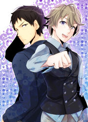  2boys back-to-back bad_id bad_pixiv_id blonde_hair brown_eyes brown_hair gotou_hidenori hazama_masayoshi male_focus multiple_boys nao_(doublexdutch) photoshop_(medium) purple_eyes samurai_flamenco smile 