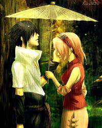  1boy black_hair couple female kivi1230 naruto naruto_(series) pink_hair rain sakura_haruno straight uchiha_sasuke umbrella 