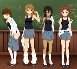  4girls black_eyes black_hair brown_eyes brown_hair chalkboard commentary_request dark-skinned_female dark_skin extra food fruit k-on! legs long_hair loose_socks makigami_kimiko md5_mismatch multiple_girls outstretched_hand resolution_mismatch saeki_mika sakuragaoka_high_school_uniform school_swimsuit school_uniform shian_(my_lonly_life.) shoes socks strawberry swimsuit swimsuit_under_clothes tachibana_himeko twintails undressing uwabaki wakaouji_ichigo white_socks 