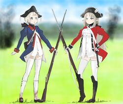  2girls adapted_uniform american_revolution bad_id bad_pixiv_id bayonet bicorne black_footwear black_headwear blue_eyes blue_jacket blush breasts brown_bess chestnut_mouth england full_body gloves green_eyes gun hand_on_own_hip hat historical_event jacket juliet_sleeves long_hair long_sleeves medium_breasts military military_uniform multiple_girls musket no_pants original panties platinum_blonde_hair pointy_ears puffy_sleeves red_jacket rifle shirt short_hair skindentation smoke soldier standing thighhighs tricorne underwear uniform united_kingdom united_states war weapon white_gloves white_legwear white_panties white_shirt y_(khakiyawn) zettai_ryouiki 