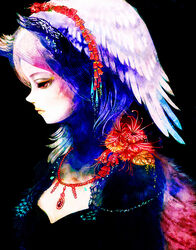  black_background closed_mouth colored_eyelashes commentary_request dress expressionless feathered_wings feathers female flower gradient_hair hair_flower hair_ornament half-closed_eyes head_wings hibiscus jewelry lipstick looking_down makeup multicolored_hair necklace original pendant pink_hair profile purple_hair red_eyes sakaya313 simple_background solo upper_body wings yellow_lips 