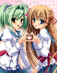  2girls 4-fingers_heart_hands :d absurdres ahoge blue_eyes brown_eyes brown_hair buttons double-breasted elsterrier_marigold frilled_sleeves frills green_hair hair_intakes hair_ornament hair_ribbon hairclip heart heart_hair_ornament heart_hands heart_hands_duo heart_in_heart_hands highres holding_hands juliet_sleeves lia_berlioz light_brown_hair long_hair long_sleeves looking_at_viewer multiple_girls open_mouth pleated_skirt prism_rhythm puffy_sleeves red_ribbon ribbon scan school_uniform serafuku skirt smile tanihara_natsuki twintails 