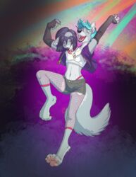  2016 2_heads absurd_res anthro arm_warmers armwear camille_(elengaraf) canid canine closed_eyes clothed clothing collar conjoined conjoined_twins crop_top damien_(elengaraf) damien_and_camille dancing digital_media_(artwork) femboy fishnet_clothing fur hi_res male mammal midriff multi_head navel open_mouth panties pink_clothing pink_panties pink_underwear pinkuh shirt smile solo tongue tongue_out topwear trans_(lore) trans_woman_(lore) underwear 