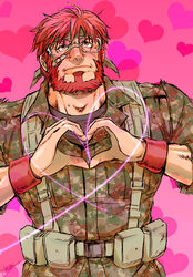  1boy alternate_costume bandaid beard blush camouflage commentary_request facial_hair fate/zero fate_(series) goggles heart heart_hands iskandar_(fate) iskandar_(sensha_otoko)_(fate) male_focus military military_uniform moe_moe_kyun! red_eyes red_hair sensha_otoko smile solo uniform usagida 