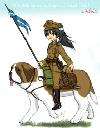  animal black_hair canine cavalry commentary_request ernest female flag ganaha_hibiki green_eyes hat idolmaster idolmaster_(classic) inumi lance long_hair military military_uniform oerba_yun_fang open_mouth photoshop_(medium) polearm polish_text ponytail st_bernard uniform weapon 