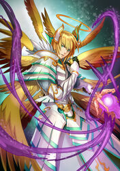  1boy angel aqua_eyes archangel_lucifer blonde_hair commentary_request green_eyes halo highres imari looking_at_viewer male_focus photoshop_(medium) puzzle_&amp;_dragons solo sword weapon wings 