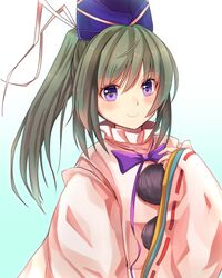  bad_id bad_twitter_id blush bow bowtie closed_mouth commentary_request female grey_hair hat japanese_clothes kariginu long_hair long_sleeves looking_at_viewer mononobe_no_futo nekomiyanono pom_pom_(clothes) ponytail purple_bow purple_bowtie purple_eyes ribbon-trimmed_sleeves ribbon_trim smile solo tate_eboshi touhou upper_body wide_sleeves 