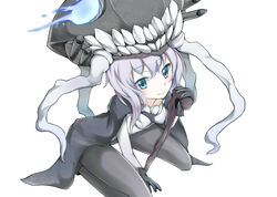  abyssal_ship aqua_eyes bodysuit cape commentary_request female grey_hair kantai_collection myuan_(muumworks) photoshop_(medium) solo staff wo-class_aircraft_carrier 