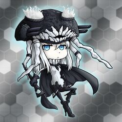  abyssal_ship apoidea blue_eyes bodysuit cape chibi commentary_request female hair_between_eyes kantai_collection photoshop_(medium) solo staff white_hair wo-class_aircraft_carrier 