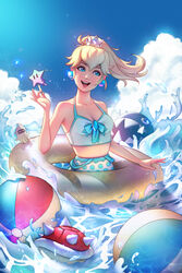  absurdres artist_name bikini blonde_hair blue_eyes blue_shell_(mario) breasts collaboration crown day female food gumroad_reward highres innertube lisa_buijteweg mario_(series) open_mouth paid_reward photoshop_(medium) popsicle princess_peach small_breasts smile swim_ring swimsuit tankini tsuaii water watermark 