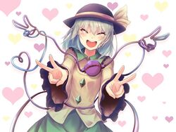  :d ^_^ bad_id bad_twitter_id black_hat closed_eyes commentary_request cowboy_shot double_v ears_visible_through_hair eyeball facing_viewer female foreshortening frilled_shirt_collar frilled_sleeves frills green_skirt grey_hair hat hat_ribbon heart heart_background heart_of_string komeiji_koishi long_sleeves nekomiyanono open_mouth quadruple_v ribbon shirt skirt smile solo third_eye touhou v v_of_string wide_sleeves yellow_ribbon yellow_shirt 