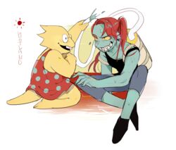  2016 alphys anthro clothing dress duo female fish hoki lizard marine monster reptile scalie signature sitting smile undertale undertale_(series) undyne water wet 