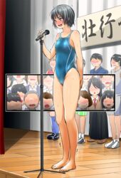  6+boys 6+girls auditorium barefoot black_eyes black_hair blush commentary_request competition_swimsuit embarrassed guglielmo hakama hakama_skirt highres japanese_clothes microphone microphone_stand multiple_boys multiple_girls one-piece_swimsuit original short_hair skirt solo_focus sportswear standing sweat swimsuit trembling 