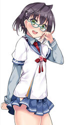  ahoge arm_behind_back black_hair blue-framed_eyewear blue_sailor_collar blue_skirt blush brown_hair commentary_request cosplay cowboy_shot female glasses green_eyes hair_ornament hairclip hip_vent kantai_collection kusano_(torisukerabasu) layered_sleeves long_sleeves looking_at_viewer miniskirt multicolored_hair necktie okinami_(kancolle) ooyodo_(kancolle) ooyodo_(kancolle)_(cosplay) open_mouth photoshop_(medium) pink_hair pleated_skirt red_necktie sailor_collar school_uniform serafuku short_hair short_over_long_sleeves short_sleeves simple_background skirt smile solo teeth upper_teeth_only white_background 